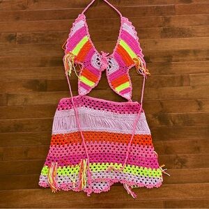 Petite Multi Crochet Cut Out Mini Dress with Tassel Detail